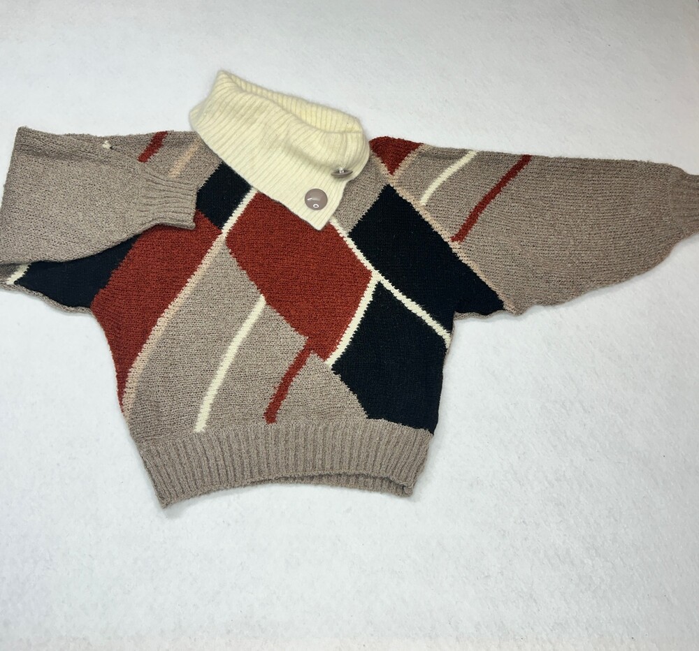 VTG Honey Argyle Chunky Cowl Neck Slouchy Sweater Free Size MIU Korea